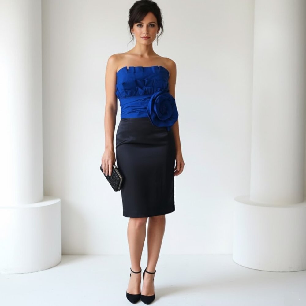 Max and Cleo Ruffles & Rosette Sapphire & Black Strapless Cocktail Dress, 4 NWT
